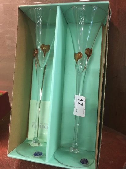 2 Bohemian Crystal Champagne Flutes w/ Hearts