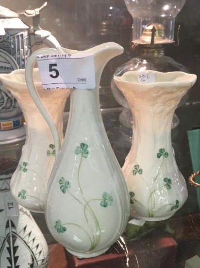 3 Belleek, Clover Pitcher & 2 Vases Green Label