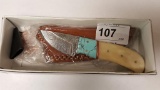 Damascus Steel Knife w/ Turquoise Handle & Leather