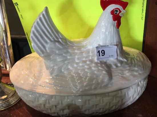 Ceramic Hen on Basket 11" Across