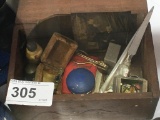 Small Wooden Box w/ Coins, Nail Files, Thimbles