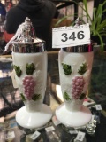Milk glass salt and pepper shakers with grape