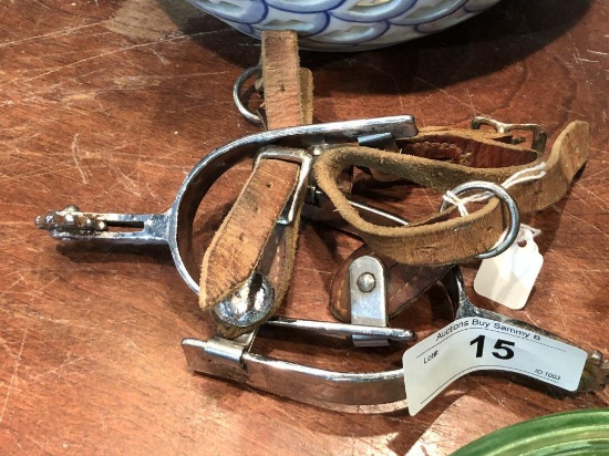 Pair of Stainless & Leather Spurs w/ Etched Design