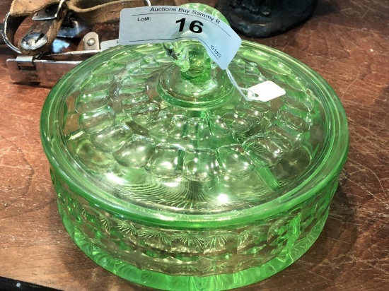 Green Glass Covered Divided Dish  7"  Across