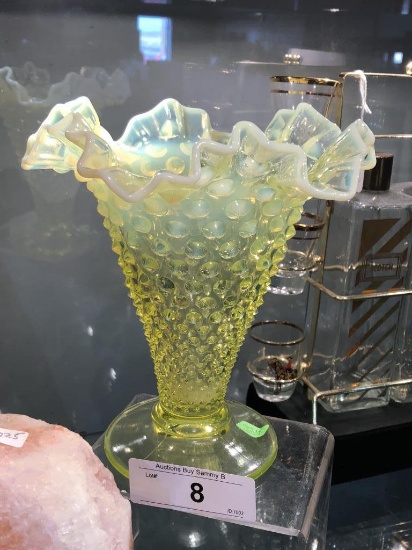 Fenton Vaseline Glass Hobnail Fluted Vase 7 1/2" T
