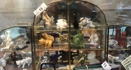 3 Glass & Brass Curio  w/ 23 Collectable Cats