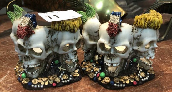 (2)  3 Skulls on Treasure Tea Light Candle Holders