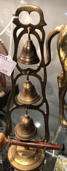 3 Tier Brass Bells w/ Wood Mallet  10 1/2" Tall