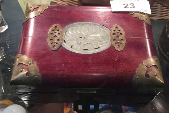 Ornate Asian Jewelry Box w/ Brass & Jade