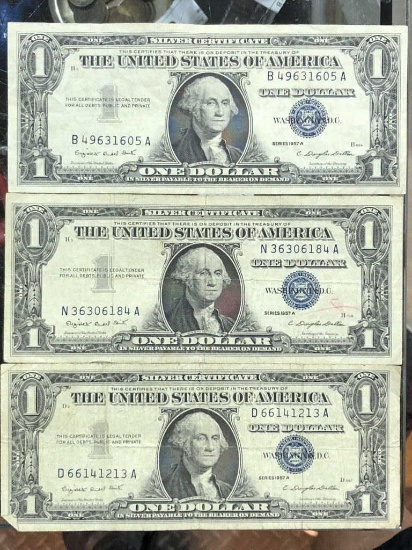 3 Silver Certificates 1957 A  $1.00 Each