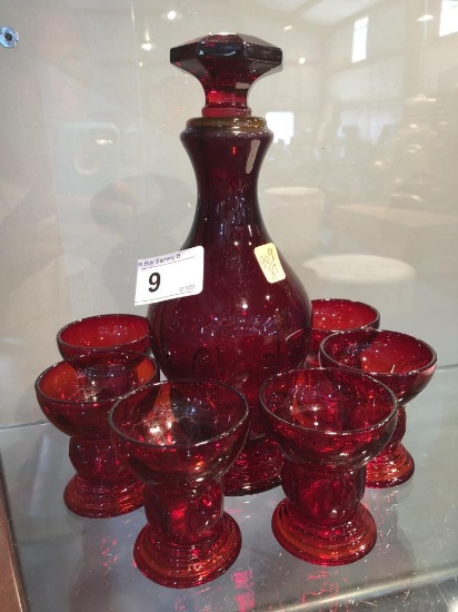 Vintage Red Glass Decanter w/ 6 Cups