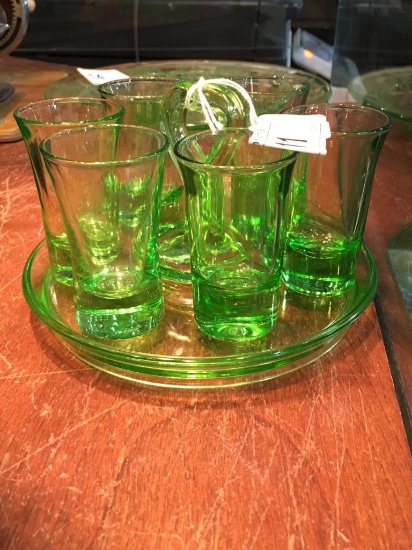 6 Shot Glasses on Handled Glass Dish