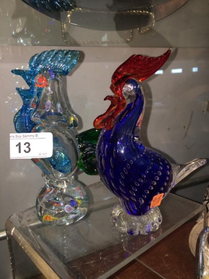 (2) Vintage Glass rooster paperweights