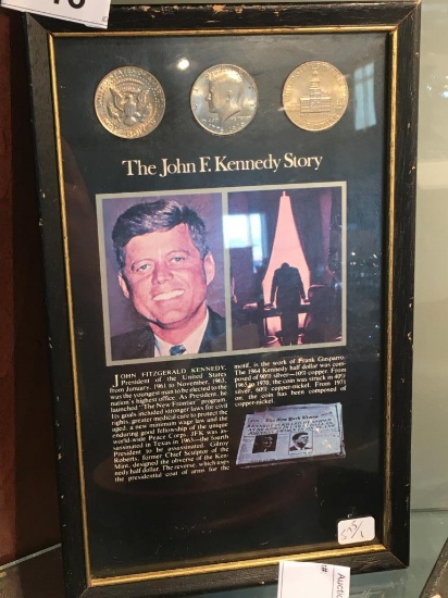 Framed John F. Kennedy Story & 3 Half Dollars