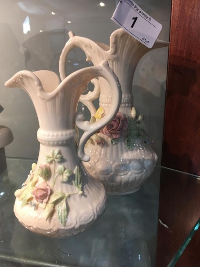 2 Green Label Belleek Pitchers w/ Applied Flowers