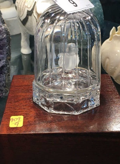 Pressed Glass Bird in Glass Cage on Wood Stand