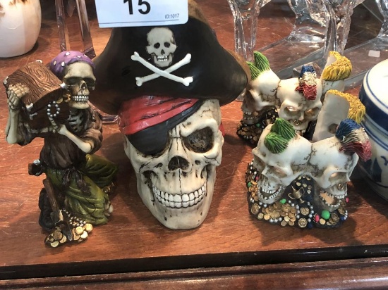 Pirate Skull Bank, Candle Holder & Pirate W/Chest
