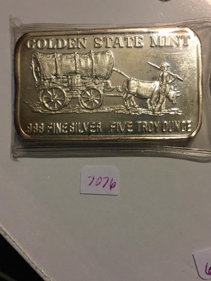 .999 5oz Silver Bar, Golden State Mint Bar