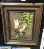 Hand painted owls on leaves framed painting