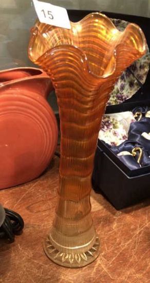 Vintage Marigold Carnival Draped Glass Vase 11" T