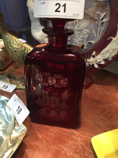 Vintage Red Cut to Clear Decanter w/ Design