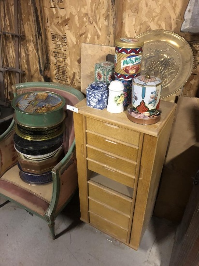 wooden chest and assorted tins