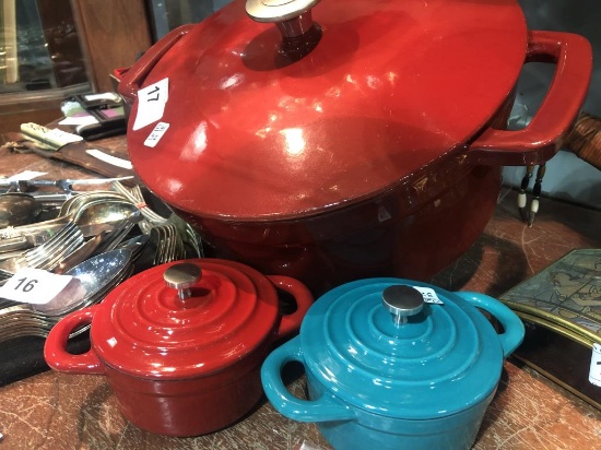 Glazed Cast Iron Pot and 2 Single Serve Pots 10 1/2" &  4"  Across               #32