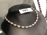 White & Black Pearls w/ Silver Bead Necklace 18 1/2
