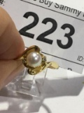 Pearl & 2 Diamonds 14k Gold Ring sz 6.25 TW 2.84g