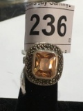 Sterling Marcasite and Orange Stone Ring sz 6 #10