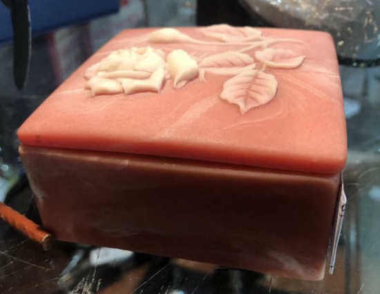 Pink Rock Box w/ Carved Rose on Top 3 3/4" Sq