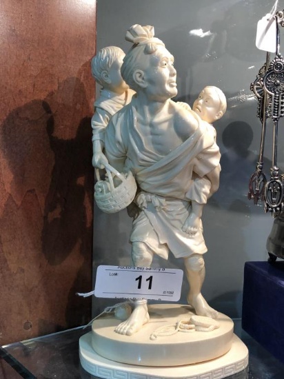 Asian Man Carrying Children Statue 9 1/2" Tall