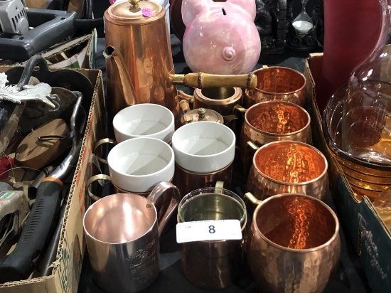 Copper Coffee Pot, Cream, & Sugar Plus Cups