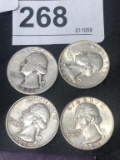 4 Silver Washington Quarters 1948D, 1953S, 1961D,