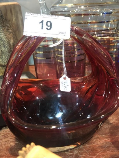 Red Art Glass Basket 6 1/2" Tall