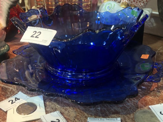 2 Vintage Cobalt Blue Plate and Bowl