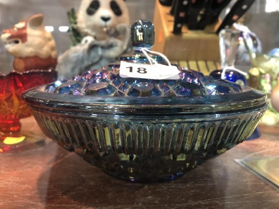 Blue Carnival Glass Covered Candy Dish 5 1/4" Tall