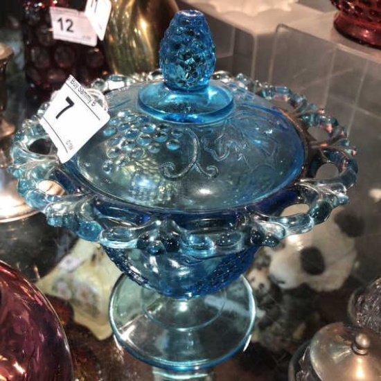 Vintage Blue Glass Grape Design on Pedestal