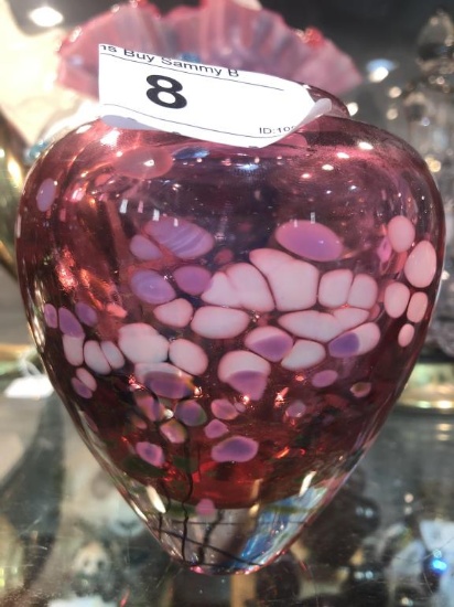 Art Glass Vase, Pink Heart Shape W/Flowers, Signed