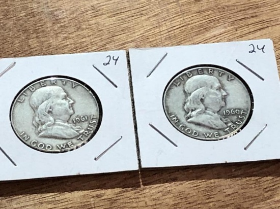 (2) Silver Franklin 1/2 Dollar Coins 1961D & 60D