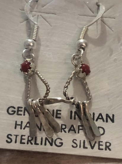 Sterling Silver Indian Made Dangle Coral Earrings