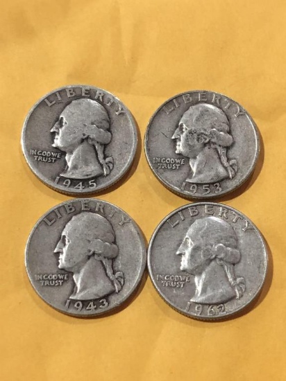 (4) Silver Washington Quarters 1943, 45D,53D,62D