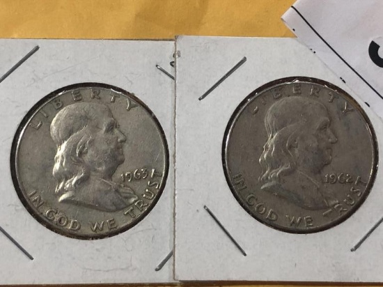 (2) Silver Franklin 1/2 Dollar Coins 1962D, 1963 D