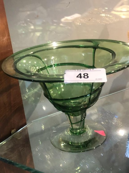 Green Glass Pedestal Dish w/ Swirl  6" Tall