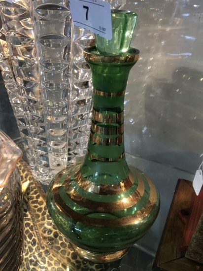 VTG Green Glass W/ Gold Trim Decanter  9 1/2" Tall