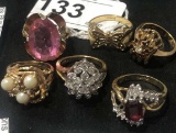 6 High Fashion Rings - Red Stone, Pearls Etc.