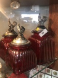 3 Red Glass Canisters w/ Rooster Lids