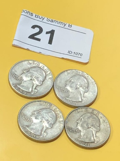 4 Silver Washington Quarters -1959,1960,1961,1964
