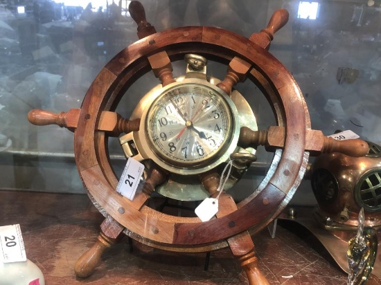 Wood & Brass Ship's Wheel w/ Ships Clock Works #68