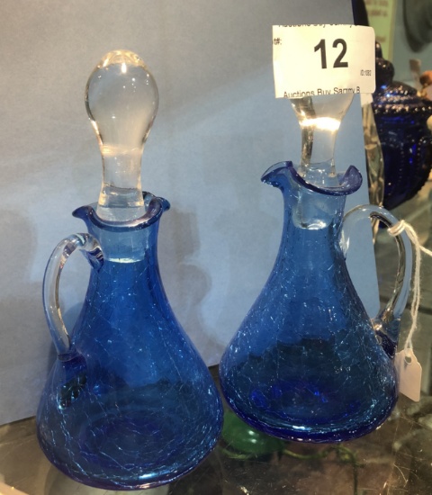 2 Vintage Blue Crackle Glass Cruet Set
